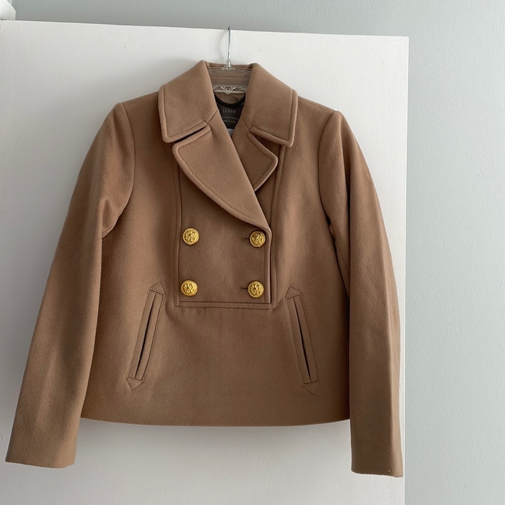 J Crew camel pea coat.